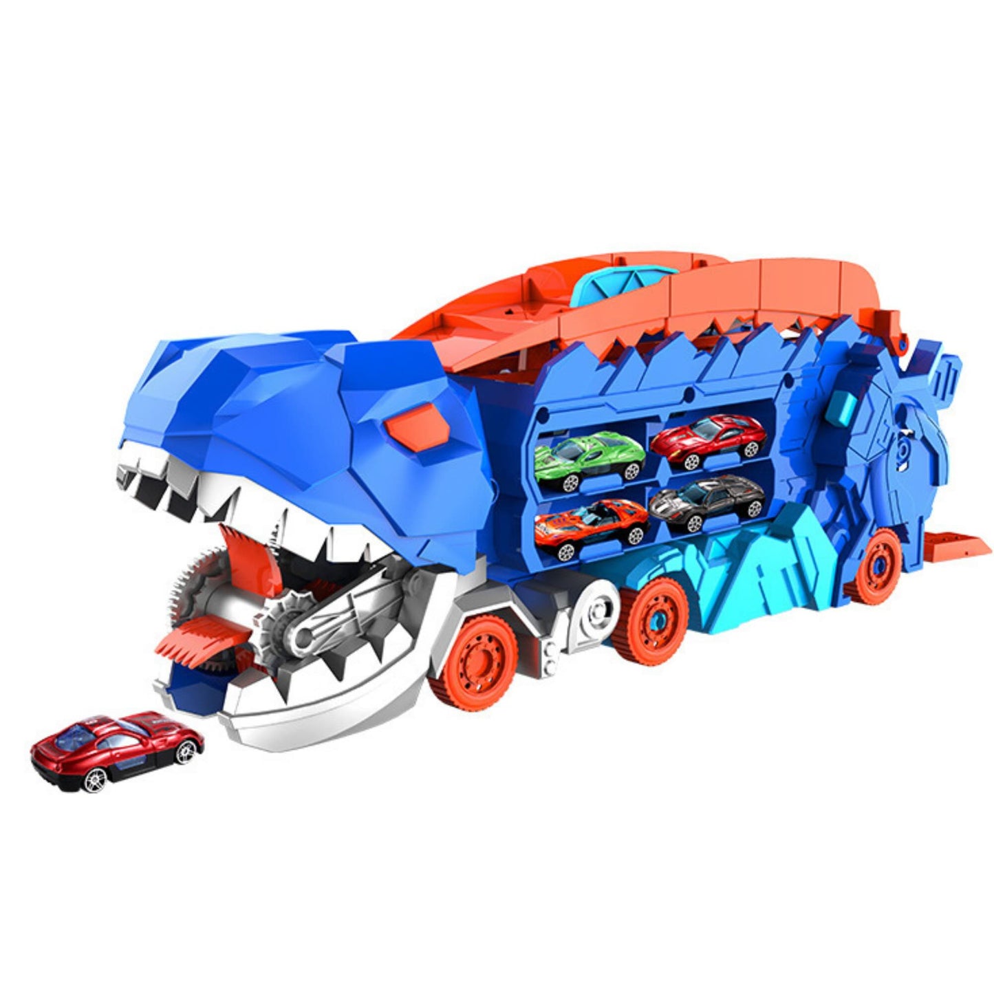Juguete Camión Dino T-rex Pista, Garage +4 Autos Transf 65cm
