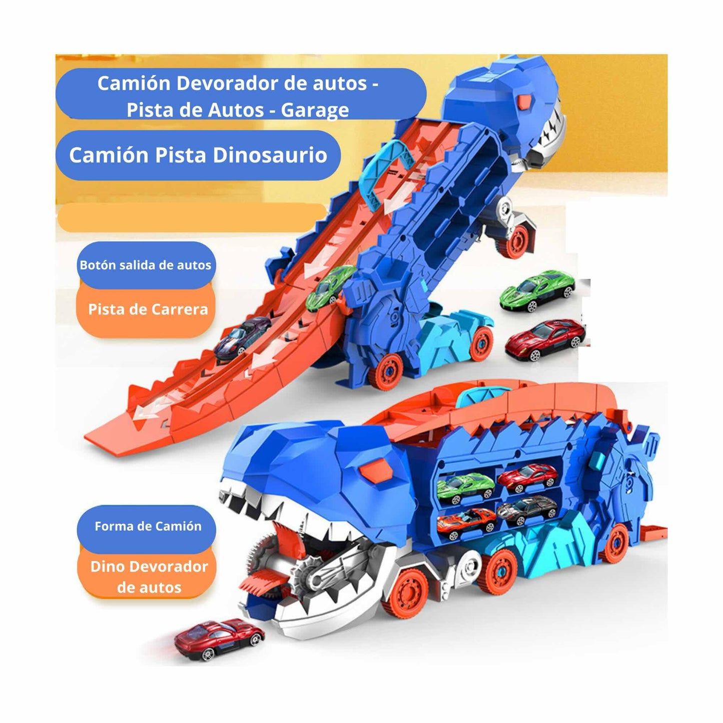 Juguete Camión Dino T-rex Pista, Garage +4 Autos Transf 65cm