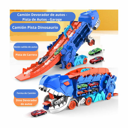 Juguete Camión Dino T-rex Pista, Garage +4 Autos Transf 65cm